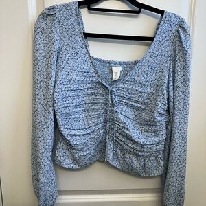 H&M Light Blue Floral Ruched Blouse